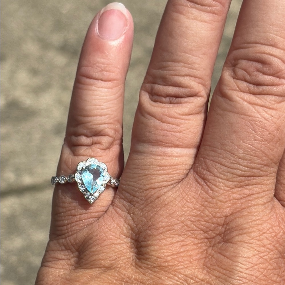 Pear Cut 1.25 tcw Genuine Aquamarine & Diamond Ring Sterling Silver Size 7 - Picture 7 of 13